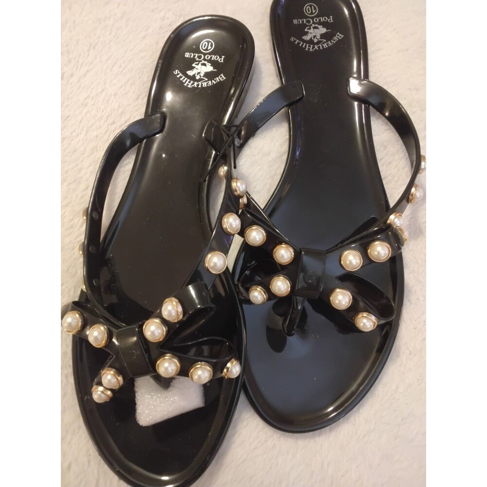 Beverly Hills Polo Club Black Flip Flops With Pearls Women's Size 10